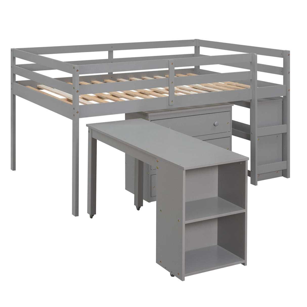 Solid Wood Full-Size Low Loft Bed with Integrated Desk, Cabinet, and Bookshelf in Pure Gray Merax