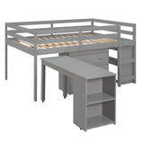 Solid Wood Full-Size Low Loft Bed with Integrated Desk, Cabinet, and Bookshelf in Pure Gray Merax