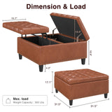 FiveWillowise Square Leather Ottoman with Storage, Leather Coffee Table Ottoman with Lift Top, Large Upholstered Footrest Stool Toy Box Storage for Livingroom Bedroom, Brown FiveWillowise