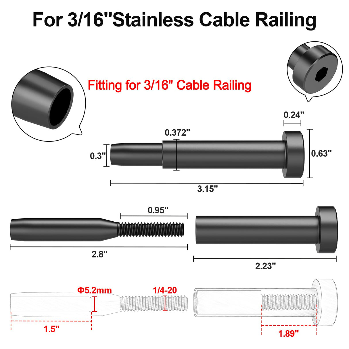 BLIKA 40 Pack 3/16" Black Invisible Cable Railing Kits, Black Stainless Steel Invisible Receiver and Swage Stud End, 3/16" Cable Railing Hardware for 2"x2", 4"x4" Wood/Metal Posts BLIKA