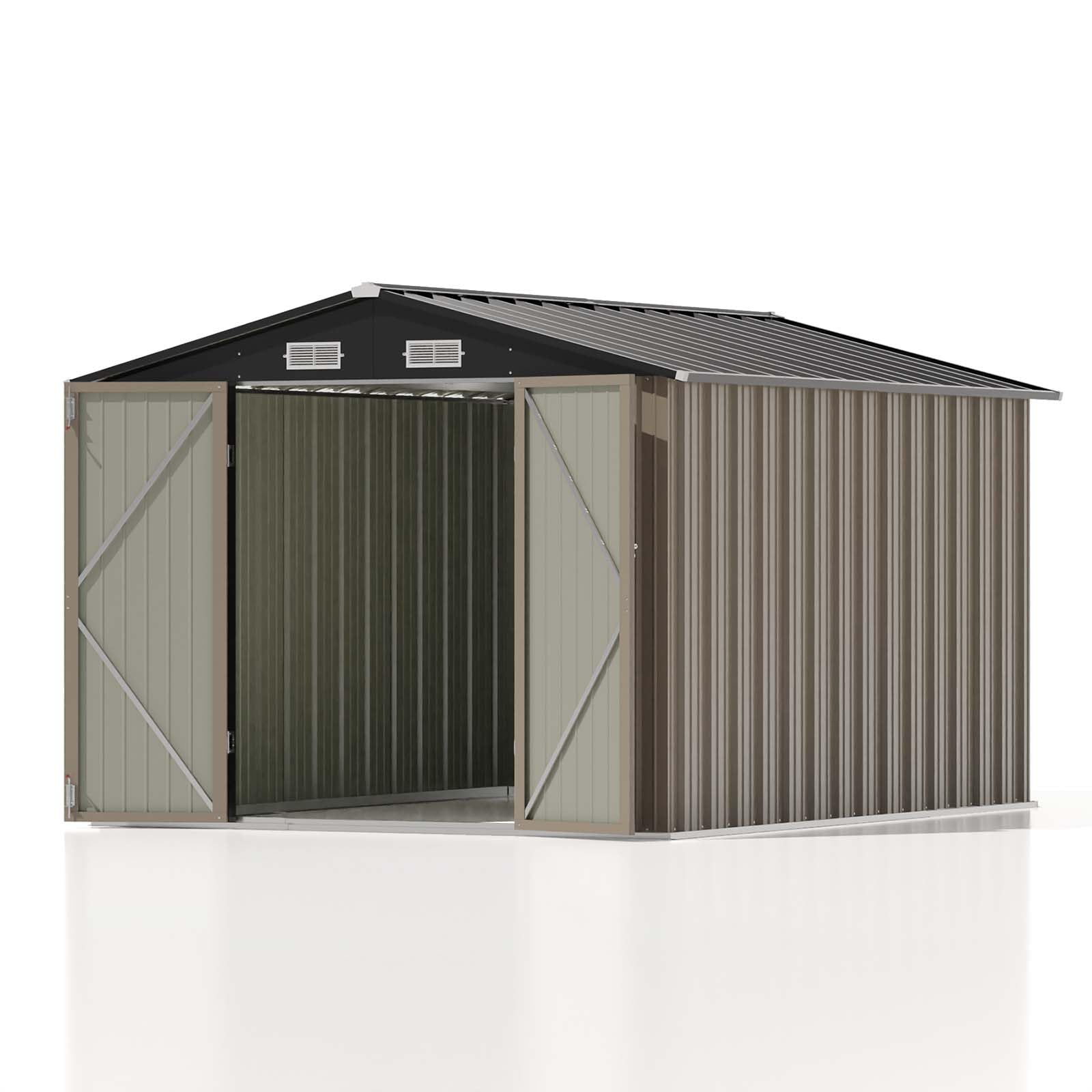 Patiowell 8x10 FT Outdoor Storage Shed, Large Garden Tool Metal Shed with Sloping Roof and Double Lockable Door, Outdoor Shed for Backyard Garden Patio Lawn, Brown - WoodArtSupply