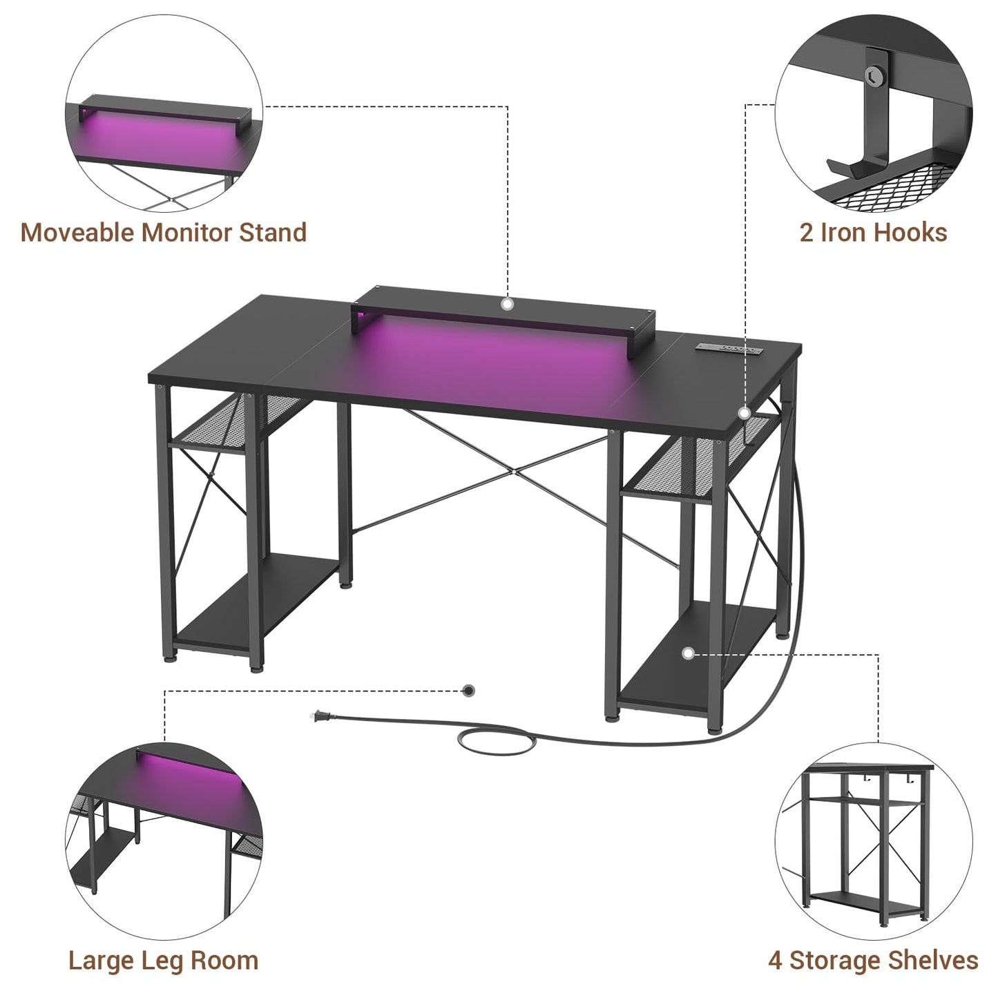 armocity Computer Desk with LED Lights, 55 Inch Desk with Power Outlet and USB, Reversible Large Desk with Moveable Monitor Stand, 55.2'' Gaming PC Table for Home Office, Workstation, Black - WoodArtSupply