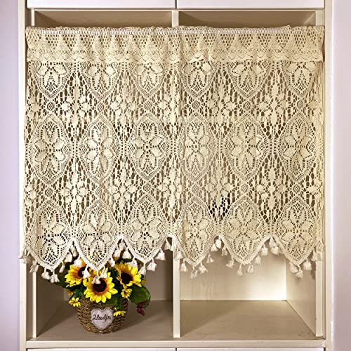 Yunsurey Retro Crochet Curtain Valance for Kitchen Window Boho Curtain Tiers for Coffee Decor Rod Pocket Farmhouse Short Curtains for Room Divider 1 Panel Knitting Doorway Curtain W35 X L26 Inch Yunsurey