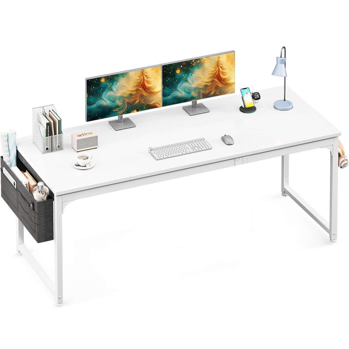 ODK Computer Desk Large Office Desk, 63 Inch Gaming Desk with Storage, Modern PC Desk Work Table with Headphone Hook for Home Office, Splice Board, White + White Leg ODK