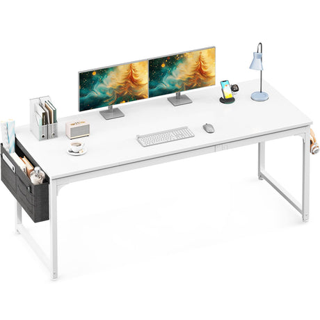 ODK Computer Desk Large Office Desk, 63 Inch Gaming Desk with Storage, Modern PC Desk Work Table with Headphone Hook for Home Office, Splice Board, White + White Leg ODK