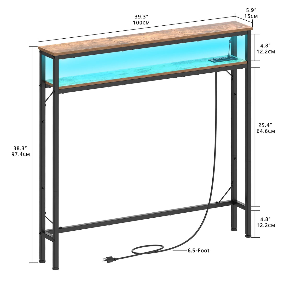Tohomeor 5.9" Narrow Console Sofa Table with Power Outlets Led Light Sofa Skinny Behind Couch Table with Shelves Metal Frame and Charge Station (2, Rustic Brown) Tohomeor