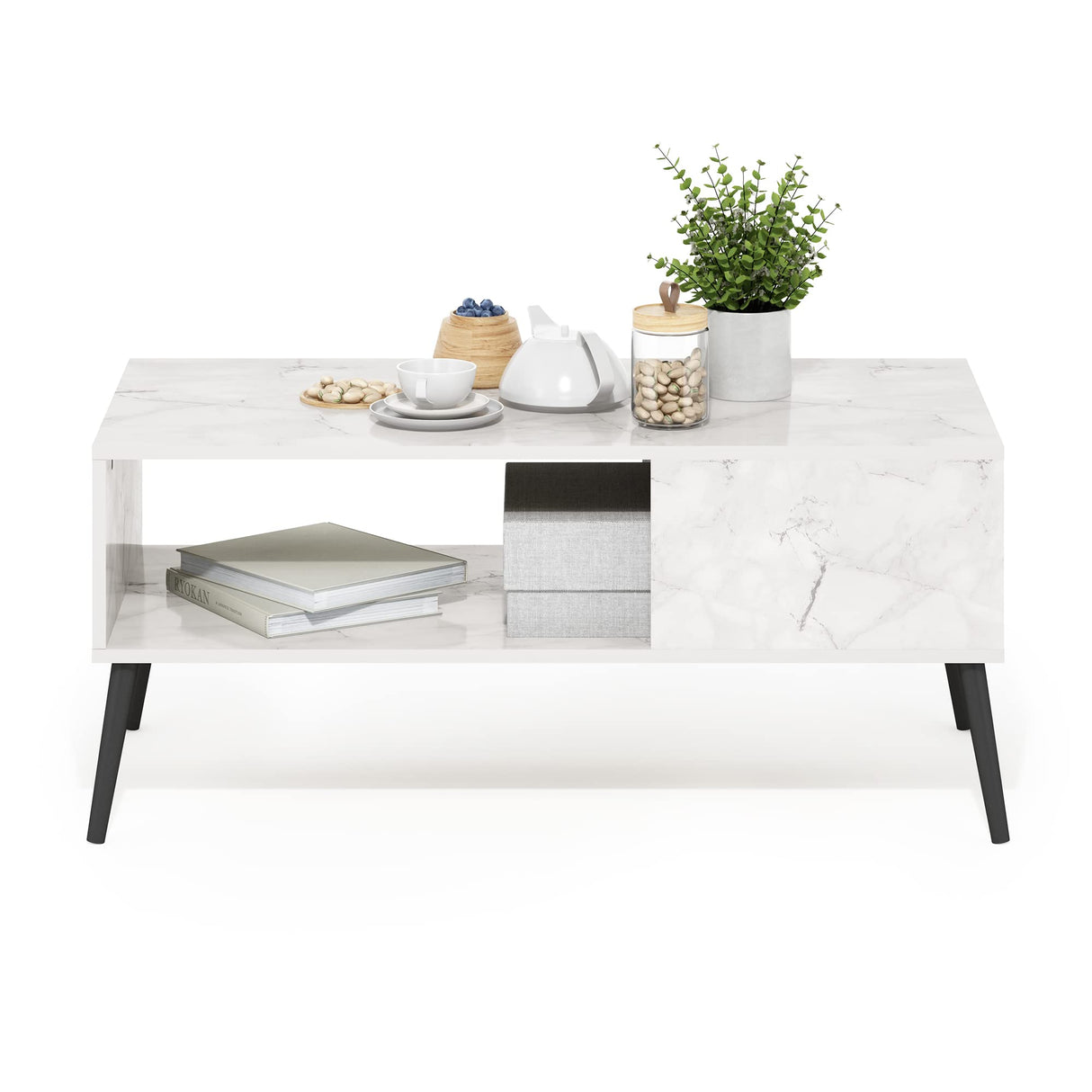 Furinno Claude Mid Century Style Coffee Table with Wood Legs, Marble White Furinno