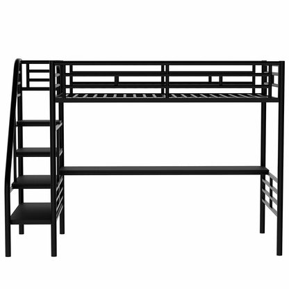 SOFTSEA Heavy Duty Twin Metal Loft Bed with Stairs and Integrated Desk - WoodArtSupply