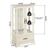 Curio Cabinet with Glass Doors Drawer, Lighted Display Cabinet with Adjustable Glass Shelves and Mirrored Back Panel, Retro Floor Standing Glass Storage Cabinet for Living Room, Antique White BAOMKONG