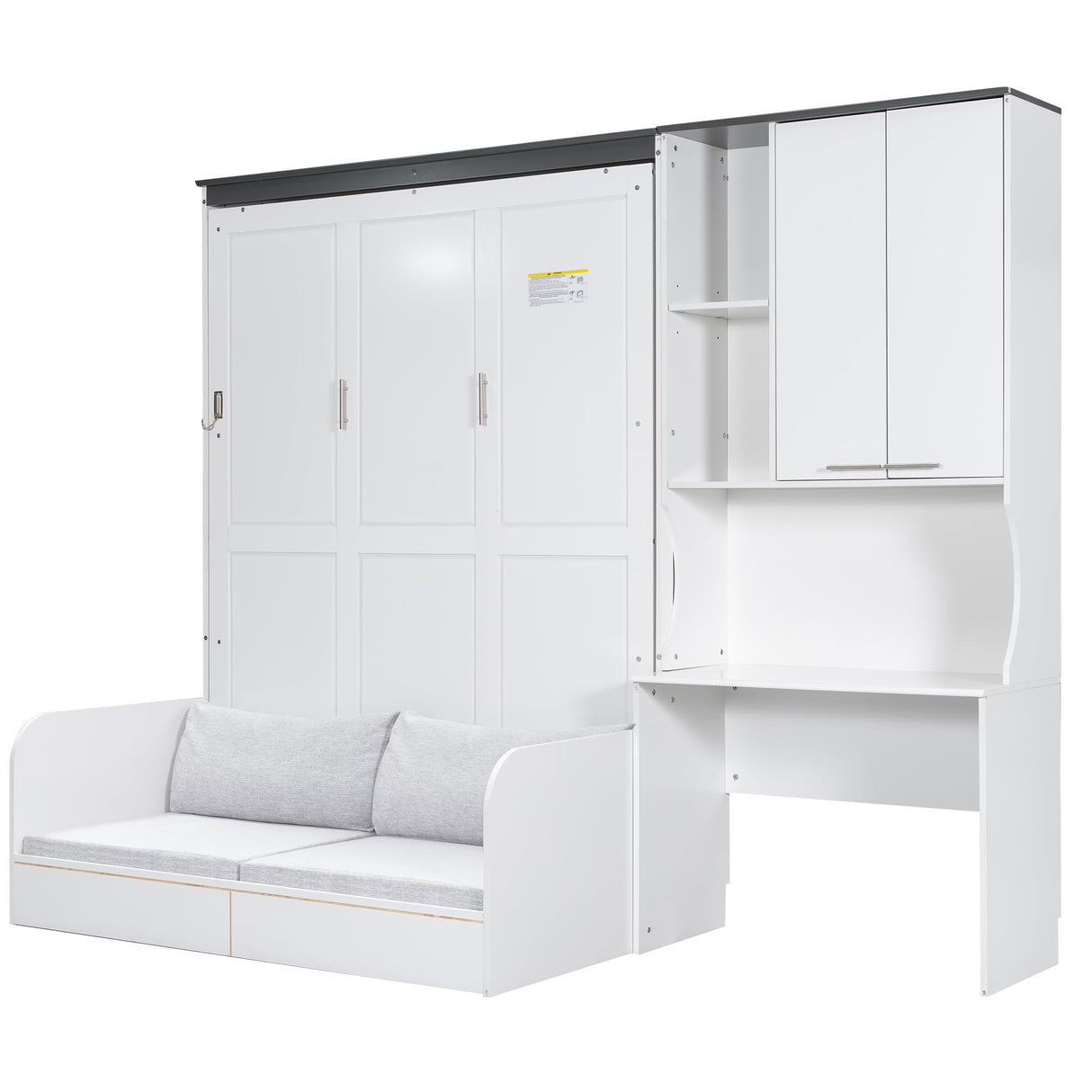 Modern Queen Size Murphy Bed with Sofa & Desk – Foldable Wall Bed, Built-in Storage Cabinet, Space-Saving Design for Small Rooms & Studios Quarte