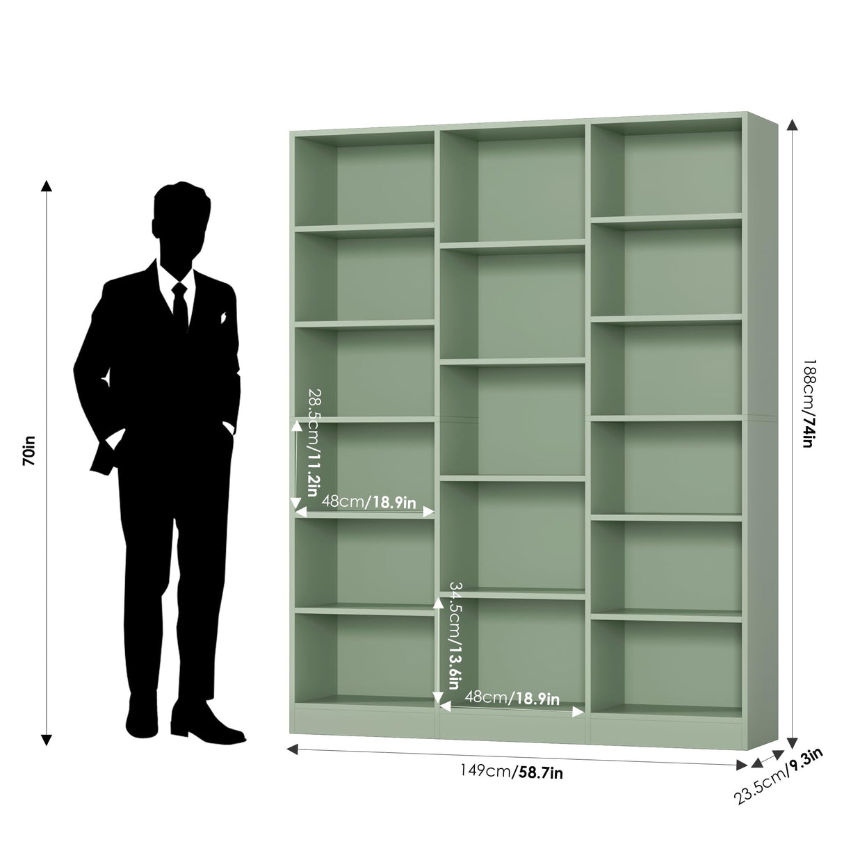 FACBOTALL Triple Wide Bookshelf, 6 Tier Large Bookshelf, Bookcase with 17 Open Display Shelves, 74'' Tall Bookcases and Bookshelves for Living Room, Home Office, Library, Green FACBOTALL