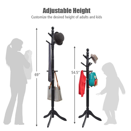 Tangkula Wood Coat Rack Freestanding, Entryway Height Adjustable Coat Stand with 9 Hooks & Stable Tri-Legged Base, Rubber Wood Coat Tree Hall Tree Coat Hanger Stand for Home Office Hall Entryway Tangkula