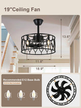 Curve Curio 19 Inch Caged Farmhouse Ceiling Fan with Lights and Remote, Rustic Industrial Fandelier Ceiling Fan Enclosed for Bedroom Curve Curio