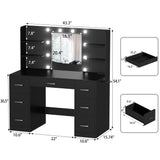 YESHOMY Vanity Desk with Mirror, Power Outlet and 10 Lights, Makeup Table with 7 Drawers, 3 Color Modes Available for Bedroom, Dark Black YESHOMY
