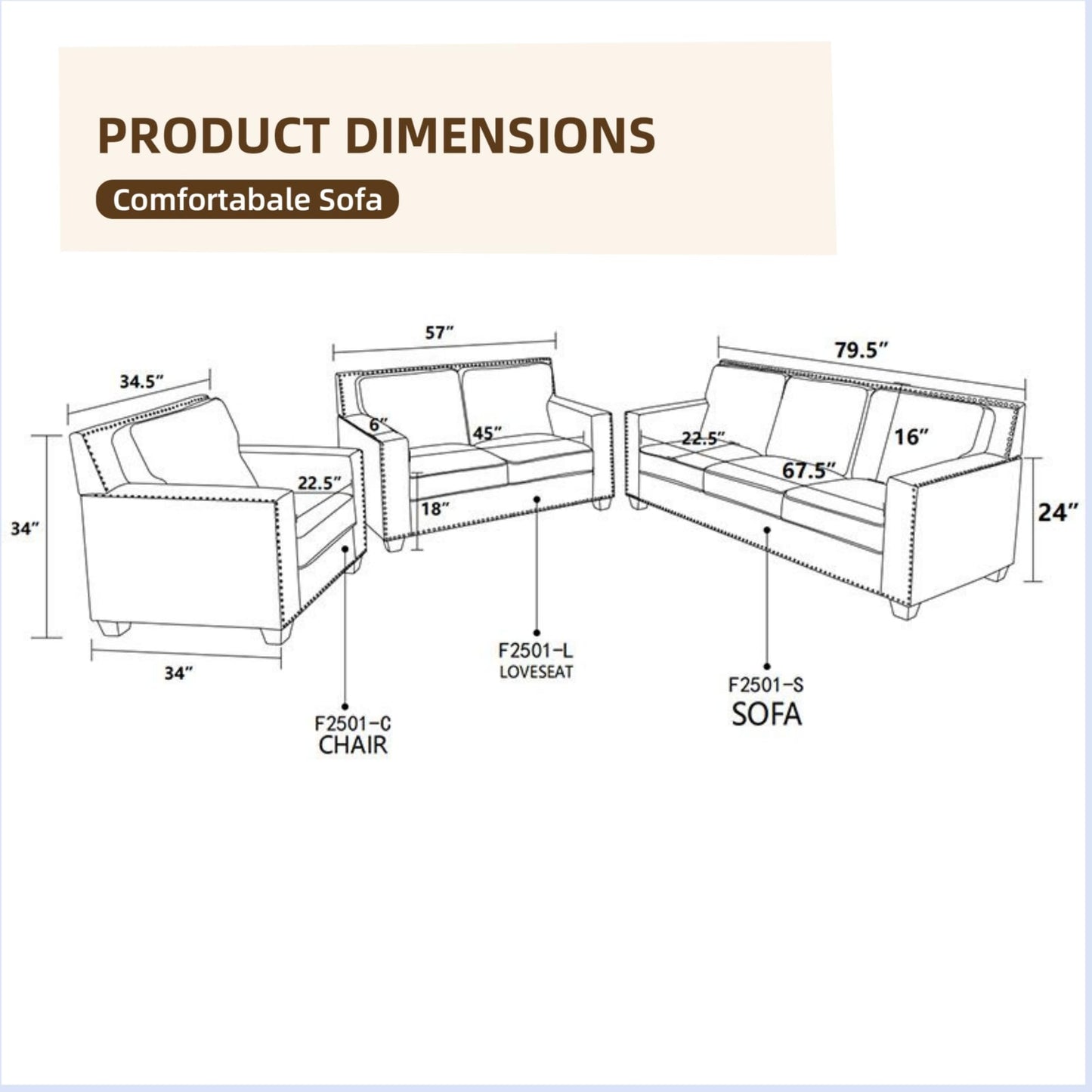 GlasFlength Couches Sofa for Living Room Set 3 Piece Modern Decor Sofa and Loveseat Set with Arms and Nailhead, Includes Loveseat Couch and Armchair