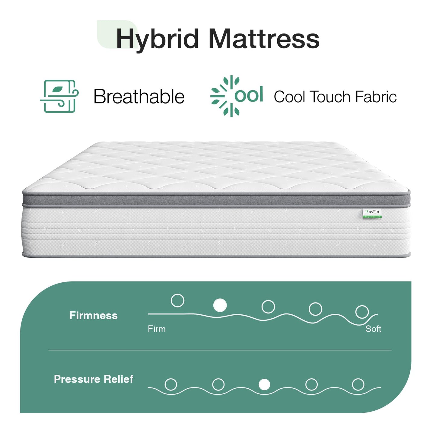 Novilla King Size Mattress, 10 Inch Hybrid King Mattress in a Box, Pocket Innerspring Hybrid Mattress King for Motion Isolation, Pressure Relief & Enhanced Edge Support, Medium Firm Feel