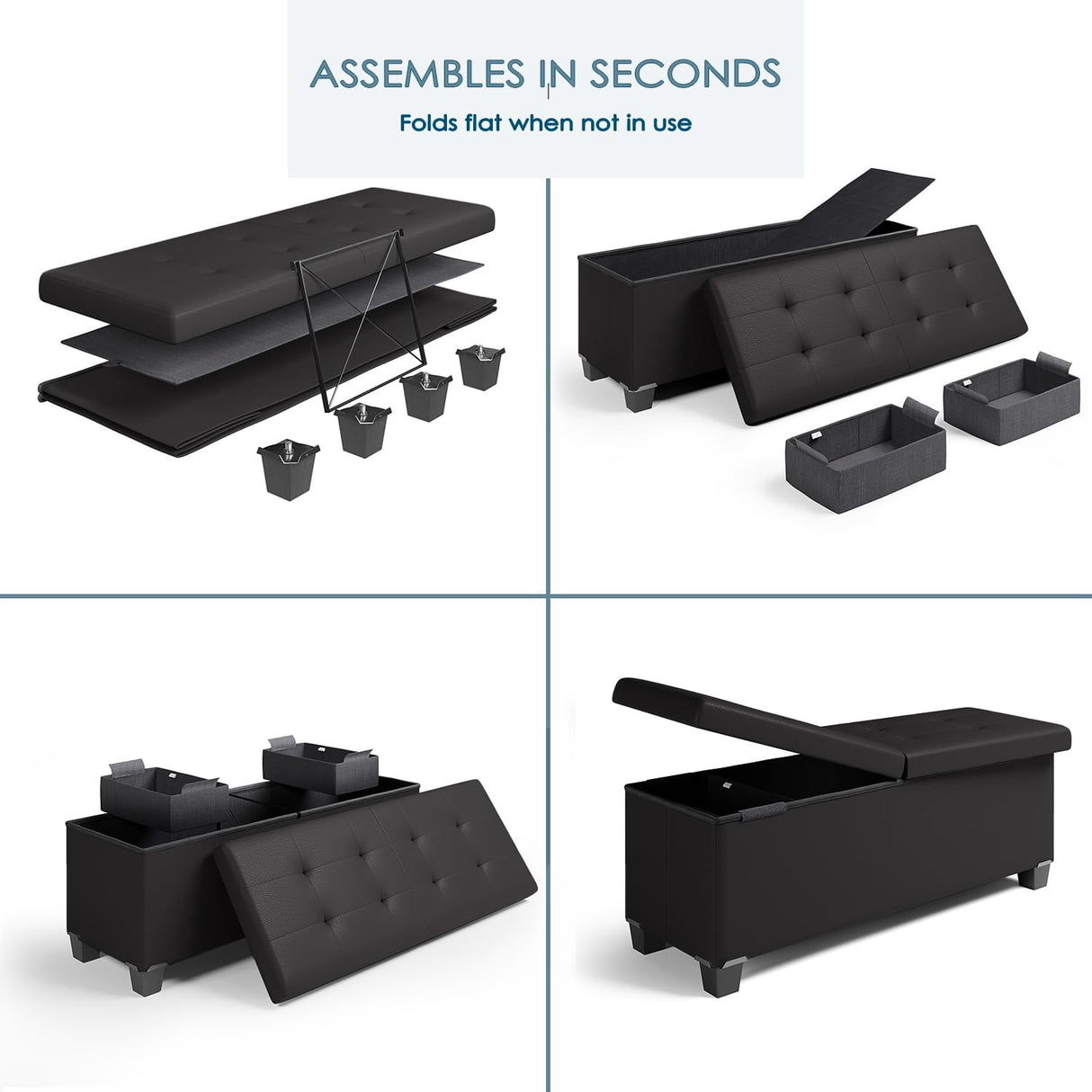 Storage Ottoman Bench with Storage Bins, 43-In Storage Bench for Bedroom End of Bed, Ottoman Foot Rest, Black Ottoman with Storage for Living Room, Bench with Storage Max 660lbs, Faux Leather Ottoman STORAGEBUD