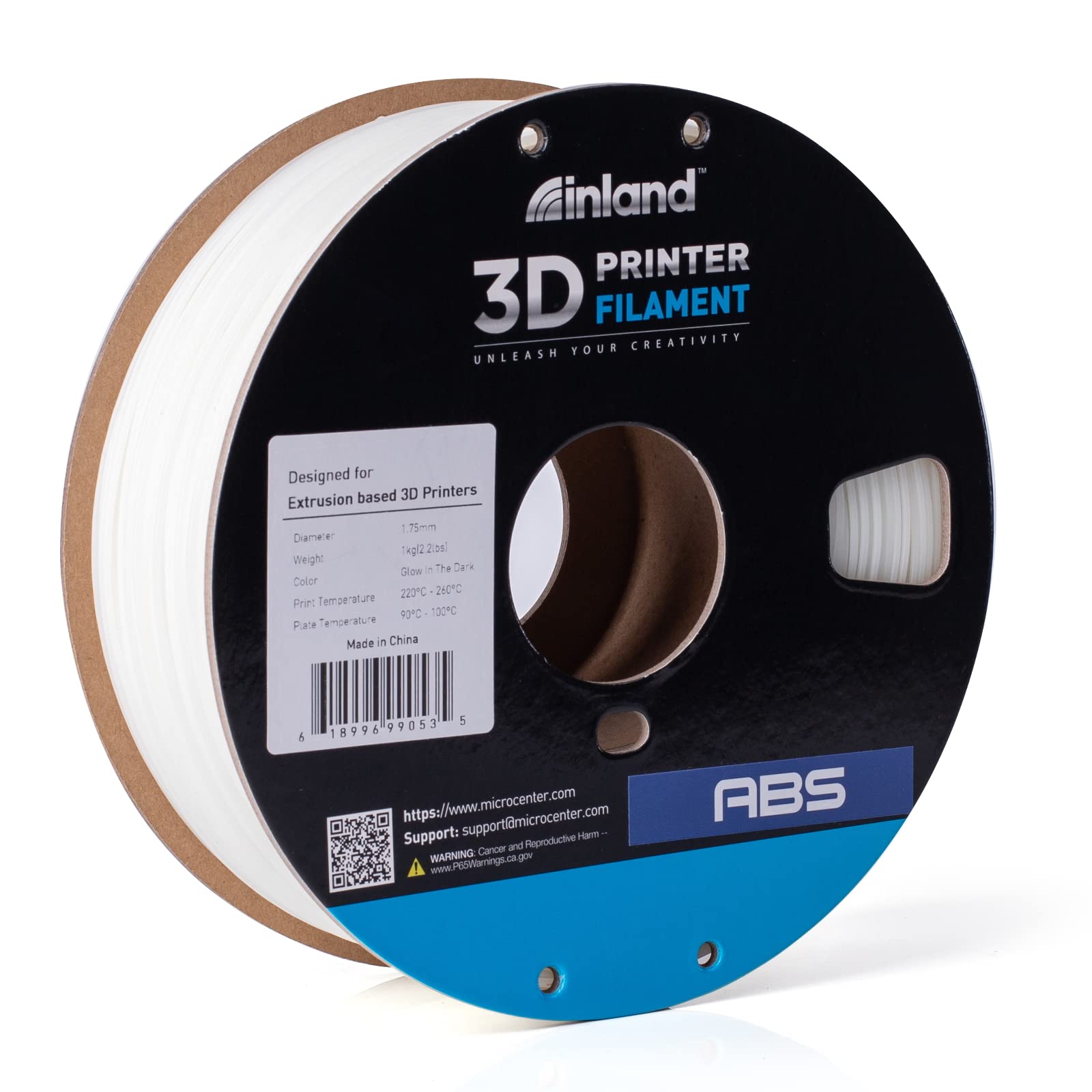 INLAND ABS Filament 1.75mm, ABS 3D Printing Filament, Dimensional Accuracy +/- 0.03 mm - 1kg Cardboard Spool (2.2 lbs) - Heat Resistant Glow in The Dark ABS Filament - WoodArtSupply