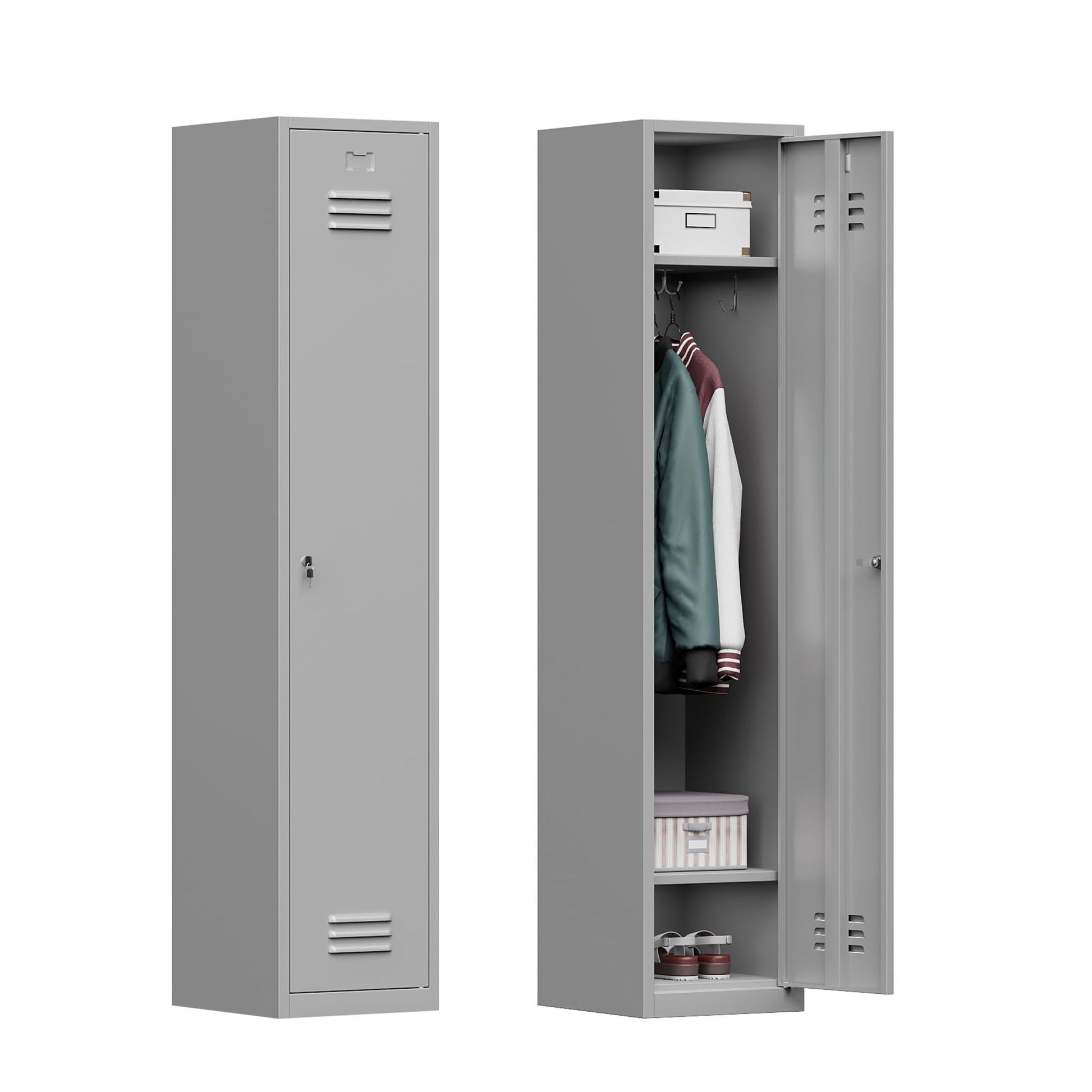 Topass Metal Lockers for Employees with Keys, 71" Tall Steel Storage Cabinet with Lockable Door, Metal Storage Locker for School Office Gym (1-Door, Grey) - WoodArtSupply