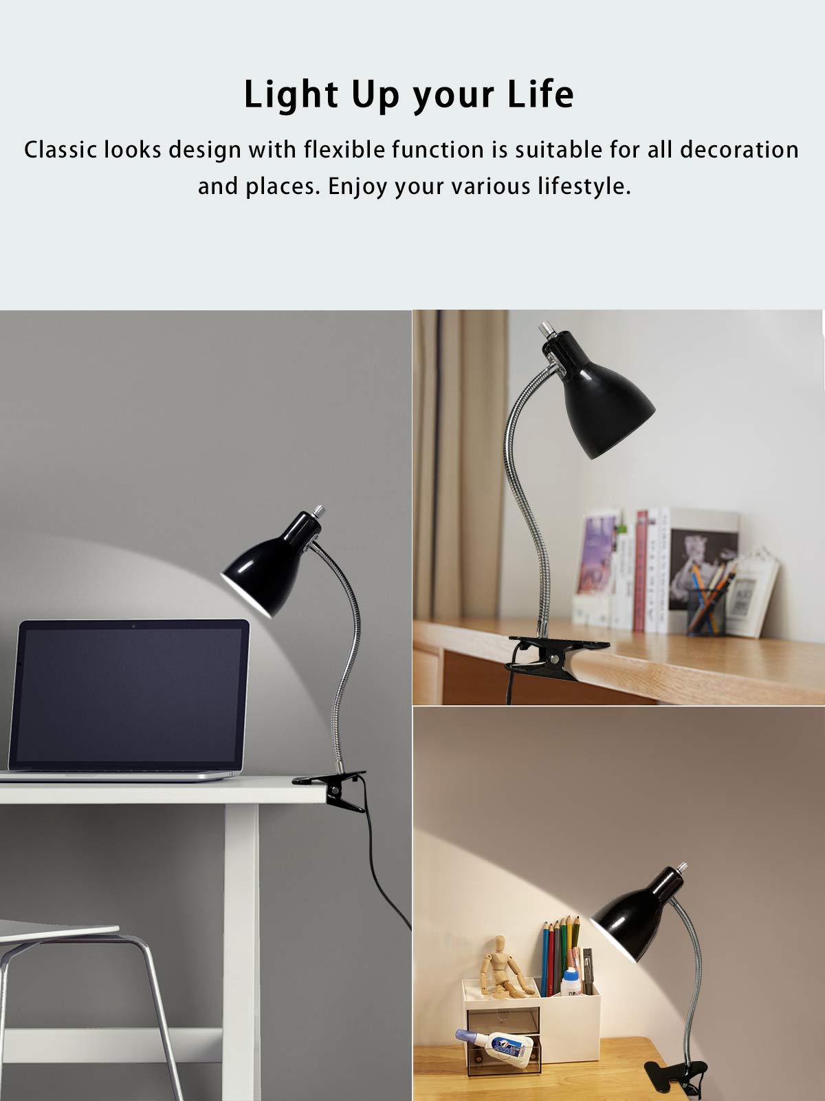 Desk lamp Eye-Caring Table Lamps, 360°Rotation Gooseneck Clip on Lamp Reading Light Portable Reading Book Light, Clamp Light, Study Desk Lamps for Bedroom and Office Home Lighting (Black) LALISU