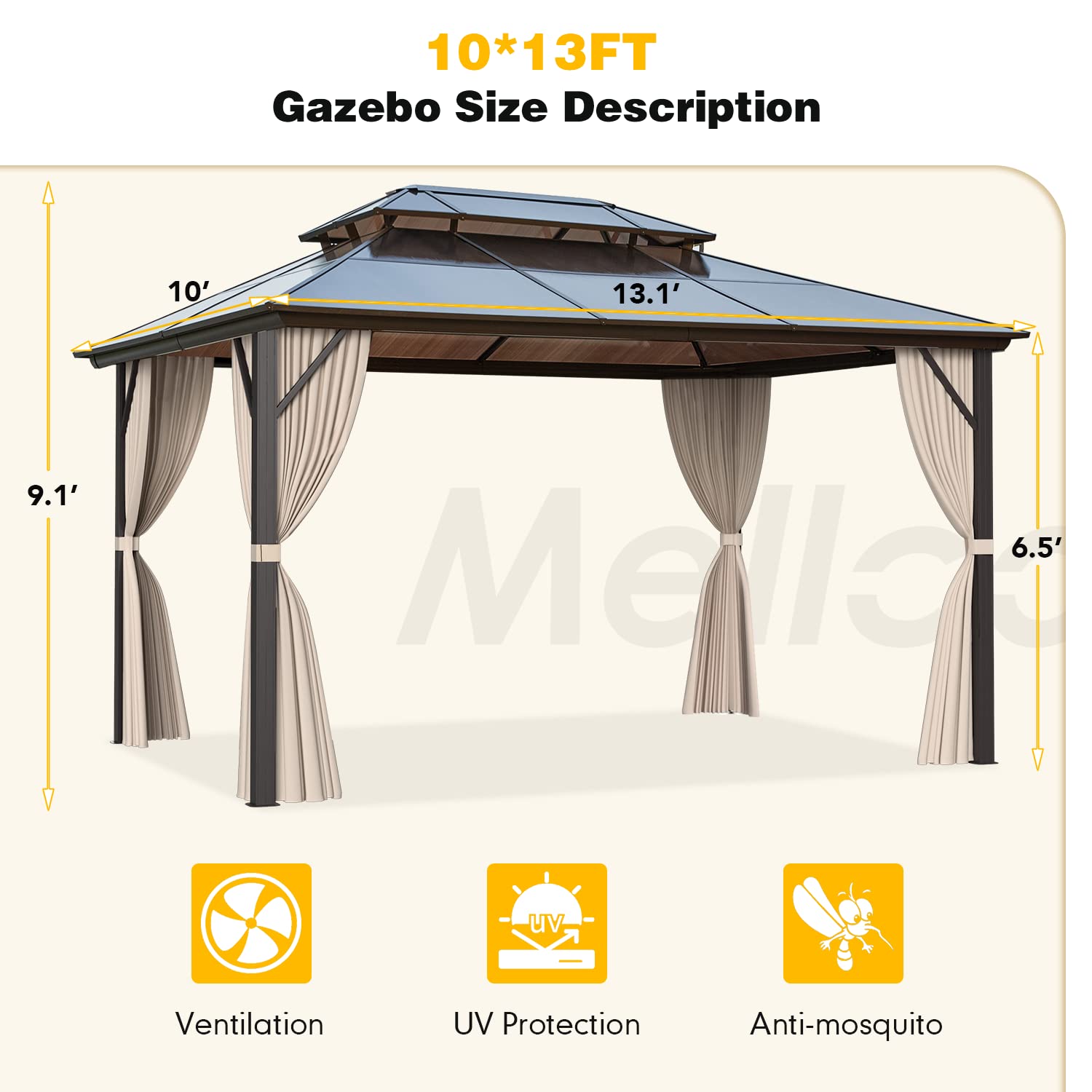 MELLCOM 10 x 13ft Hardtop Gazebo, Polycarbonate Double Roof Aluminum Gazebo, Outdoor Waterproof Canopy Gazebo with Netting and Curtains for Backyard, Deck, Patio - WoodArtSupply