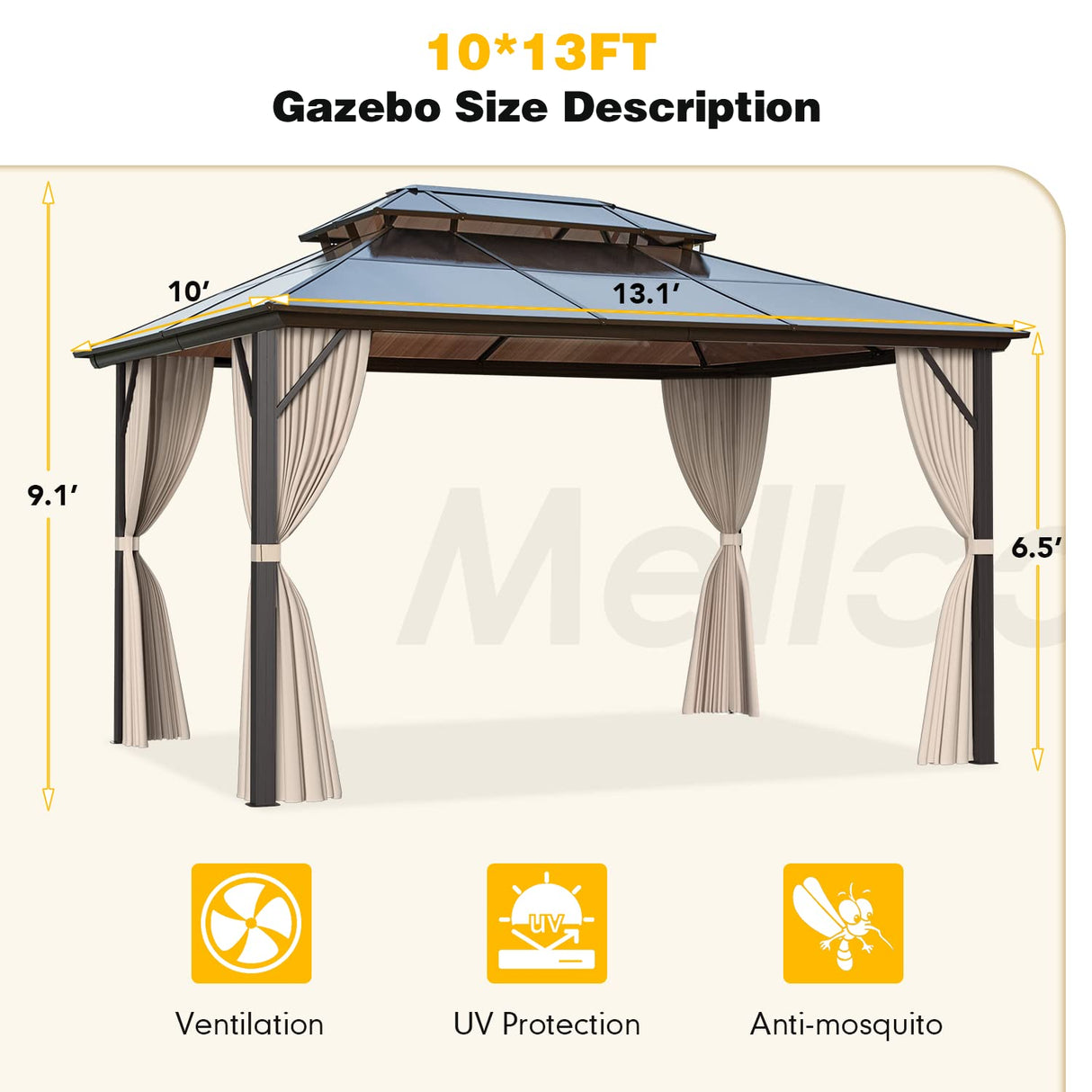 MELLCOM 10'x13' Hardtop Gazebo with Polycarbonate Double Roof, Aluminum Frame Outdoor Gazebo Permanent Pavilion with Curtains and Netting for Patio, Lawn & Garden MELLCOM