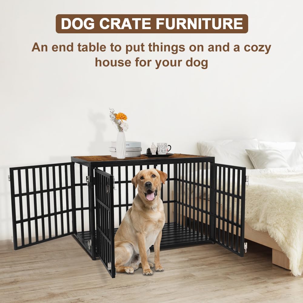 HIDOG 40" Dog Crate Furniture, Wooden Pet Crate End Table Decorative Dog Kennel Furniture, Heavy Duty Dog Cage for Large and Medium Dogs, Three Doors with Double Protection Lockes, Rustic Brown HIDOG