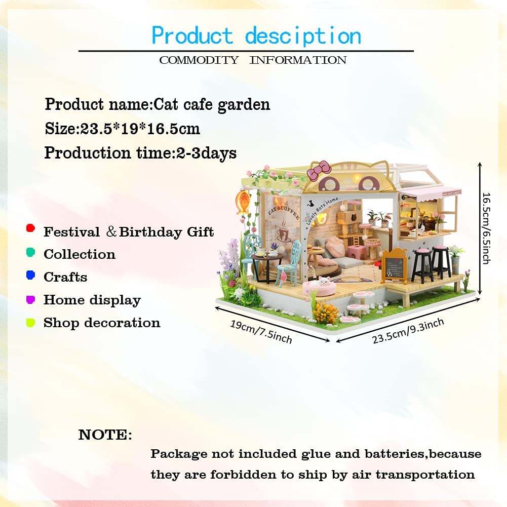 SYW DIY LED Lights Miniature Dollhouse Kit Cat Coffee Doll House Model Wooden Furniture for Christmas 's Day Creative Gifts with Dust Cover and Music （Cat Coffee Shop ） SYW