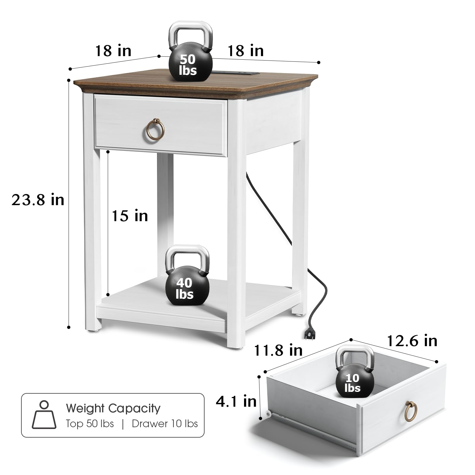 End Table with Charging Station,Set of 2,Farmhouse Nightstand with Storage,Square Side Table with Drawer,White End Tables Living Room,Bedroom,Solid Wood Bedside Table,Modern Sofa Side Table,W - WoodArtSupply