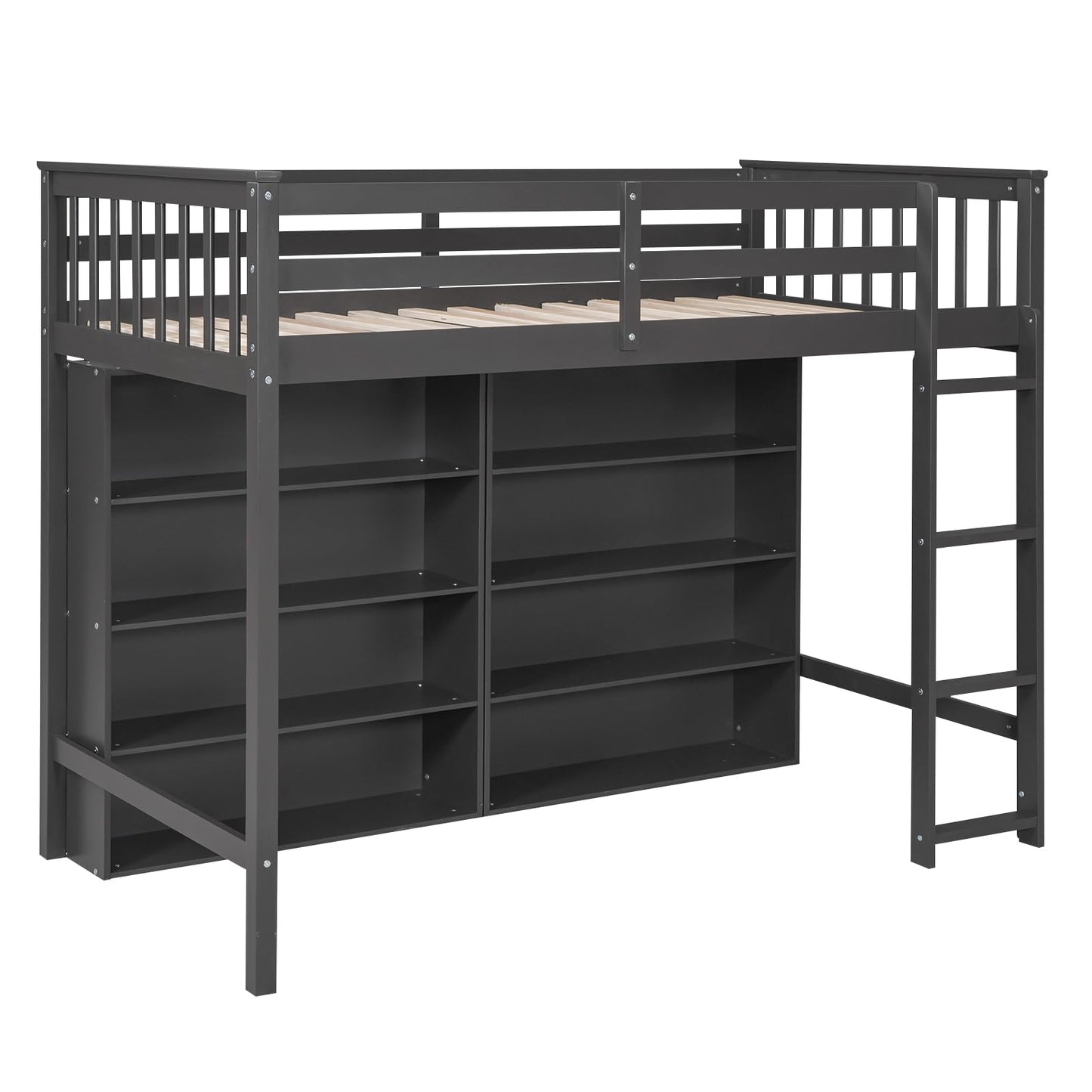 SOFTSEA Twin Size Loft Bed with Storage, Solid Wood Loft Bed with Open Storage Shelves, Multi-Functional Loft Bed Frame with Ladder for Kids Boys Girls Teens, Grey