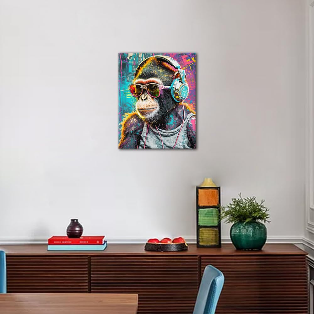 TUMOVO Monkey Adults' Paint-by-Number Kits DJ Monkey DIY Paint by Numbers Kit Animal Oil Painting for Adults Animal Monkey Paint by Number Arts Craft, 3 Brushes Without Frame, 16 x20 Inch TUMOVO