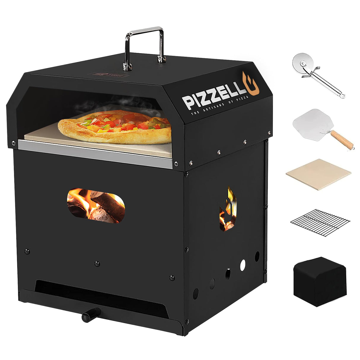 PIZZELLO Outdoor Pizza Oven 4 in 1 Wood Fired 2-Layer Detachable Outside Ovens With Pizza Stone, Pizza Peel, Cover, Cooking Grill Grate, Pizzello Gusto PIZZELLO