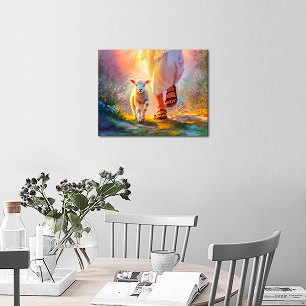 TUMOVO DIY Paint by Numbers for Adults Art Religious Christianity Adults' Paint by Number Kits Lamb Walking with Jesus Art Oil Hand Painting Paint Kits Art Crafts for Home 16x20 in TUMOVO