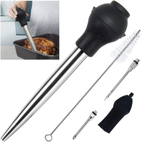 KAYCROWN Stainless Steel Turkey Baster Commercial Grade Quality Silicone Bulb Including 2 Marinade Injector Needles And Basting Brush KAYCROWN