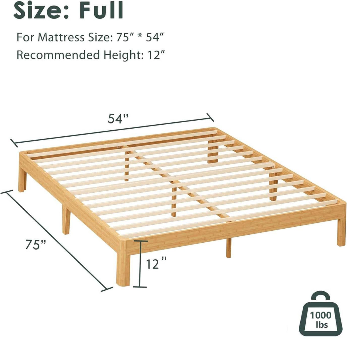 ZIYOO 12 Inch Full Size Natural Bamboo Platform Bed Frame, Modern Minimalist Design, Easy Assembly, Heavy Duty Support, No Box Spring Needed ZIYOO