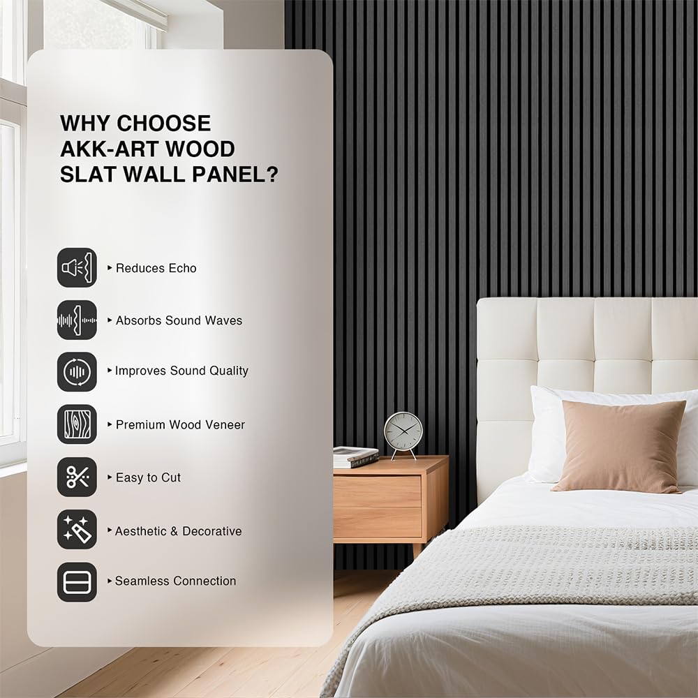 AKK-ART 2-Pack Wood Slat Wall Panel 47.2"x23.6"(15.5 sq ft)|Soundproof & Acoustic Wall Panels for Interior Decor & Ceiling|Wood Paneling Sheets for Home Theater & Living Room Mirage Black#22 AKK-ART