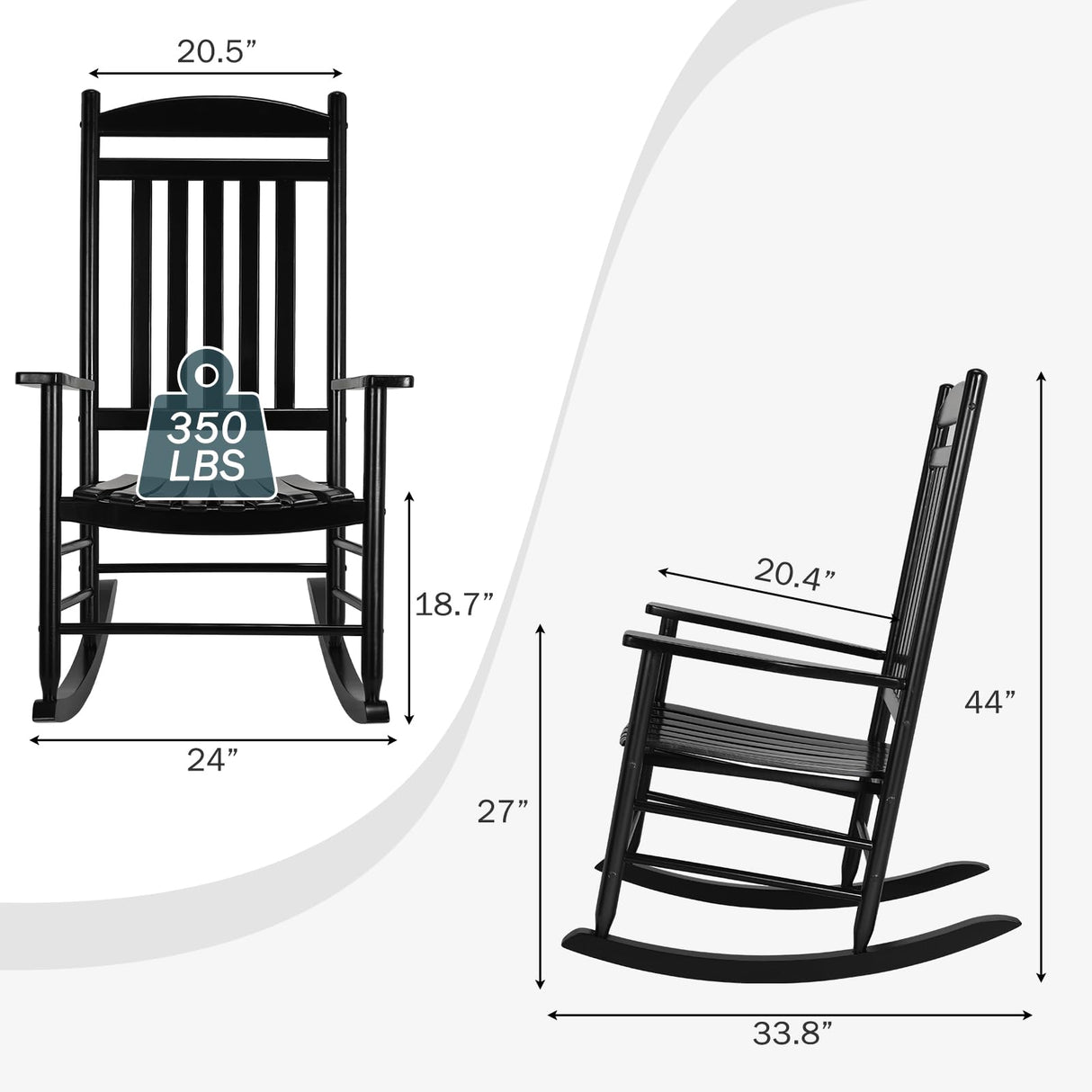 MAMIZO Soild Wood Outdoor Rocking Chair with High Back, Porch Rocking Chairs Oversized Easy to Assemble for Porch Garden, Lawn, Balcony, Backyard, Wooden Rocking Chair Outdoor and Indoor (Black) MAMIZO