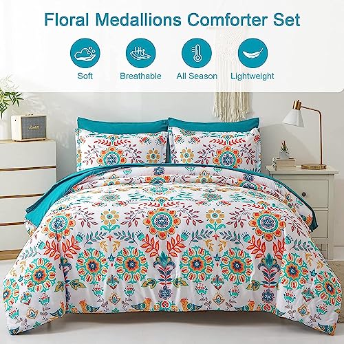 DHSFKBE Boho Comforter Set Twin - 5 Pieces Bed in a Bag Floral Medallions Design, Bohemian Comforter Set with Sheets, Soft Microfiber Complete Bedding Sets All Season (Teal Blue, Twin) DHSFKBE