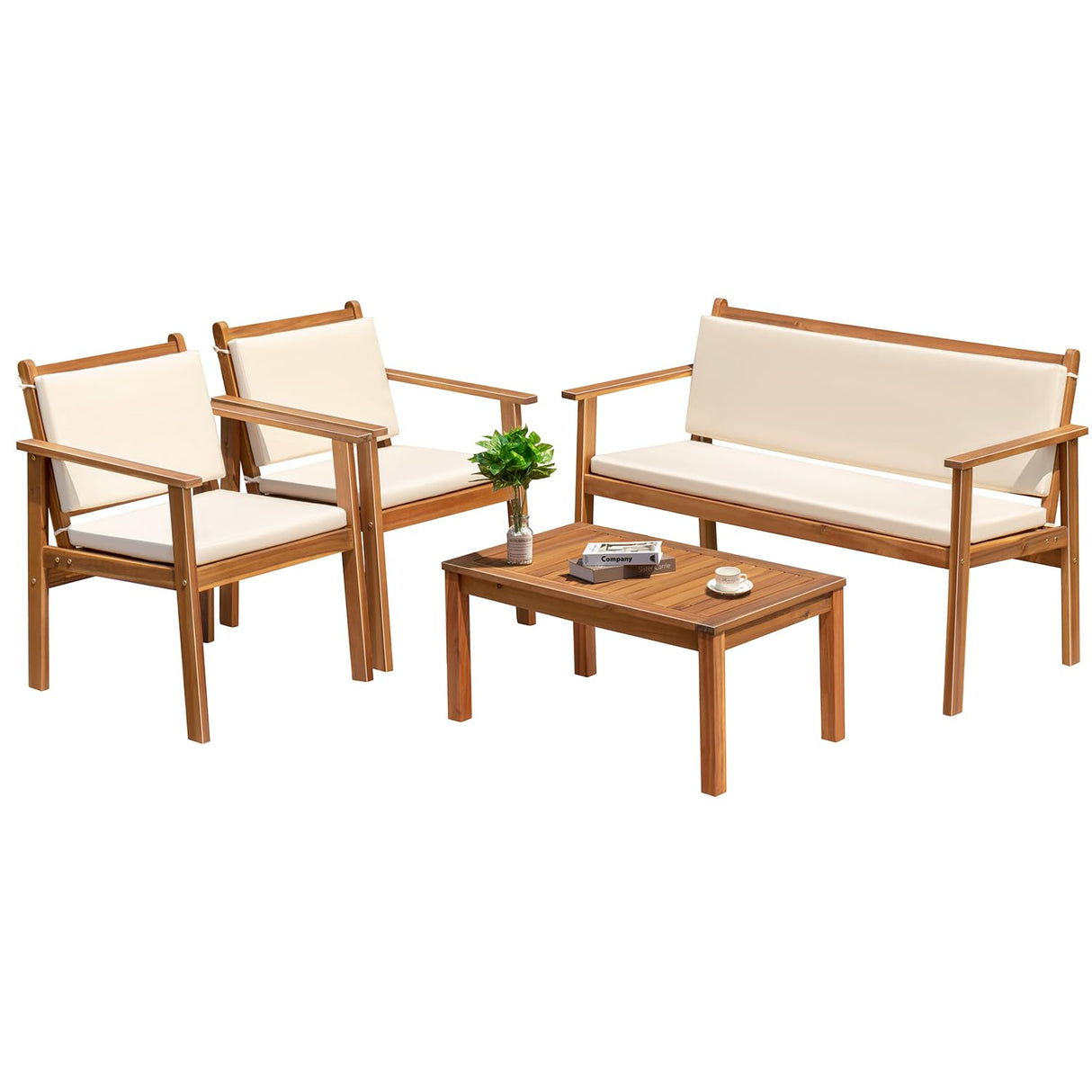 Greesum Outdoor Patio Furniture, 4 Piece Bistro Sofa Set with Coffee Table and Loveseat, Acacia Wood Conversation Sets with Cushions, for Garden, Backyard, Poolside, White Greesum