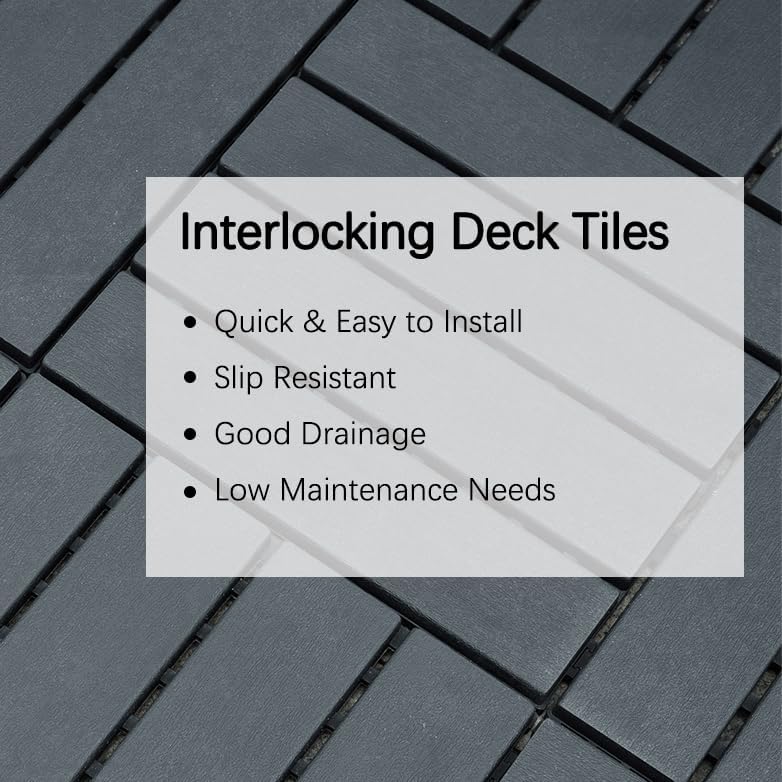 Plastic Interlocking Deck Tiles (44 PCS), 12x12 Inches Waterproof Outdoor Patio Flooring, Easy Snap Balcony Floor Tiles for Garden, Poolside, Backyard, Pathway, Indoor Use, Dark Grey, Grid Pattern Generic