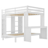 Queen Over Twin Bunk Bed with Desk, Wardrobe, and Storage Shelves, Solid Wood Bunk Beds with Dismountable Lower Bed, Bunkbed Frame for Bedroom, Guestroom, Dorms, No Spring Box Needed, White Bellemave