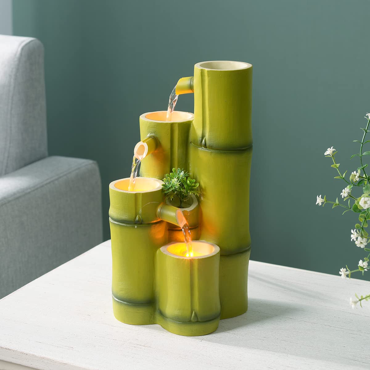 Haobos Tiered Bamboo Appearance Column Tabletop Fountain Relaxation Desktop Waterfall Fountain, 10.6 Inch Tall Simulation Natural Bamboo Cascading Fountain Decorate for Home/Office Haobos