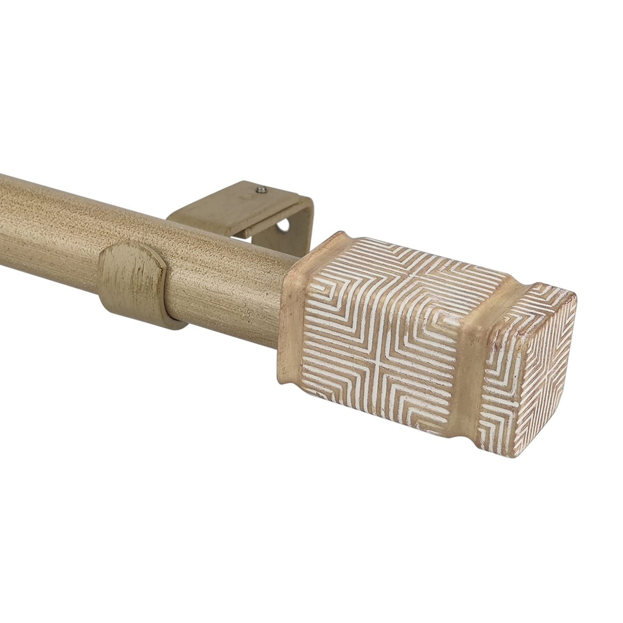 SKYPLUS LIVING Rustic Boho Style Single Curtain Rod Set with Carved Square Finial, 36-72 inch, Standard Single Beige Drapery Rod for 1 Pack, 1 inch diameter, Adjustable Length SKYPLUS LIVING