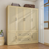 Homsee 6 Door Wardrobe Armoire Closet, Large Bedroom Cabinet Armoire with Rattan Doors, 2 Drawers, Hanging Bars & Shelves, Light Brown Homsee