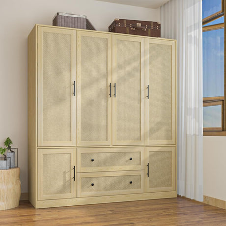 Homsee 6 Door Wardrobe Armoire Closet, Large Bedroom Cabinet Armoire with Rattan Doors, 2 Drawers, Hanging Bars & Shelves, Light Brown Homsee