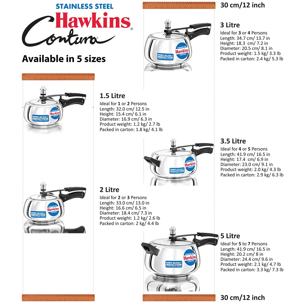 Hawkins 5 Litre Contura Pressure Cooker, Stainless Steel Inner Lid Cooker, Handi Cooker, Induction Cooker, Silver (SSC50) HAWKINS