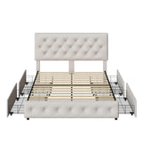 Full Size Bed Frame with 4 Storage Drawers and Adjustable Headboard, Upholstered Platform Bed with Button Tufted Design, Strong Wooden Slats Support, No Box Spring Needed, Fabric, Cream TTVIEW