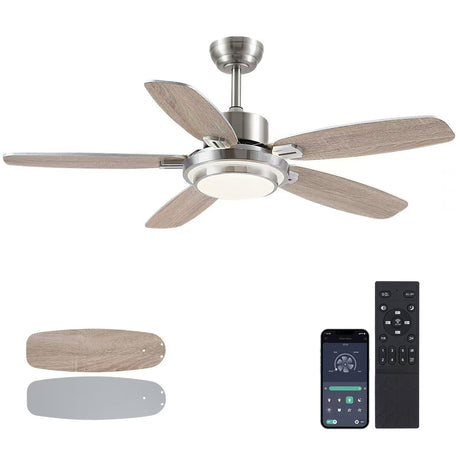 Ceiling Fans with Lights and Remote/APP Control,50“ Modern Ceiling Fan with Quiet Reversible DC Motor, 5 Dual Finish Blades,Dimmable 3-Color LED Fandelier for Indoor Bedroom,Livingroom Nickel Hounberi