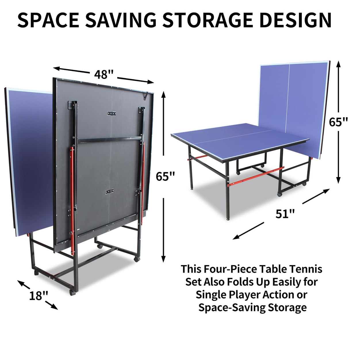 AOKUNG Blue Folding Rolling Table Tennis Table Indoor and Outdoor Table Tennis Table, 2 Rackets, 3 Balls, 1 Net and 4 Wheels Set Behind It for Easy Movement AOKUNG
