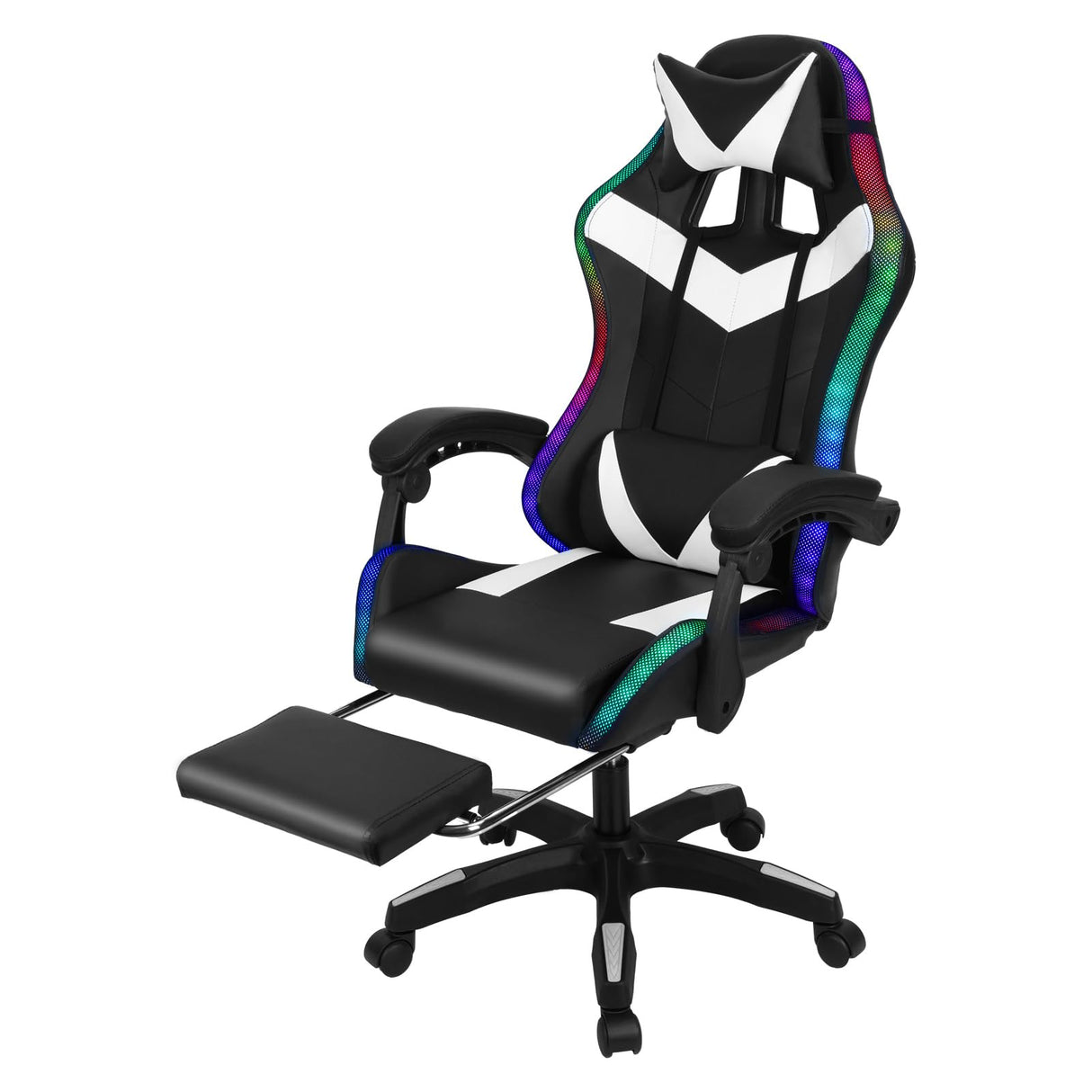 curfair Gaming Chair with Bluetooth Speakers and RGB LED Lights, High Back Video Game Massage Chair 360° Swivel Height Adjustable Recliner with Footrest & Headrest Lumbar Support Pillows (White) curfair